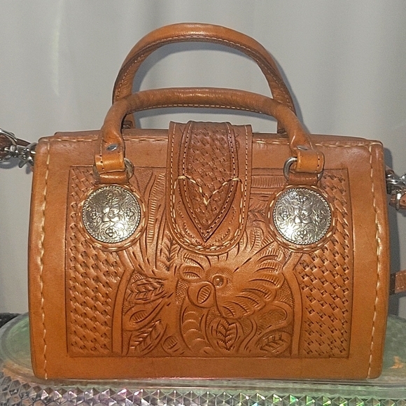 Western tooled leather doctor's bag type purse - Picture 6 of 7